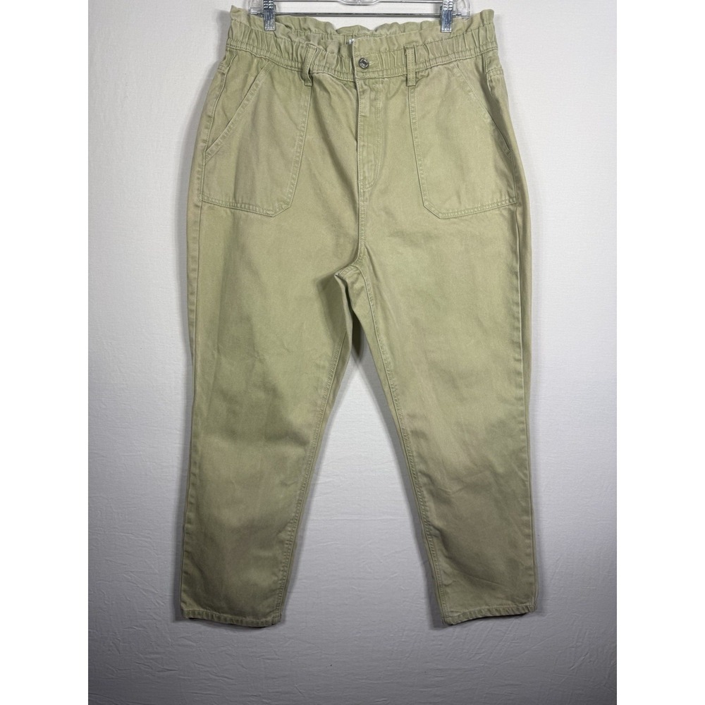 Zara Denim Co Paperbag Waist Utility Pants‎ Womens Green Tapered Size 14